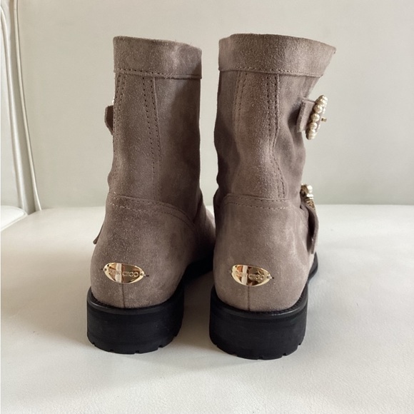 Jimmy Choo Suede Opal Grey Mid-Calf Moto Boots faux peal Multistrap Closure 7 - Picture 3 of 7